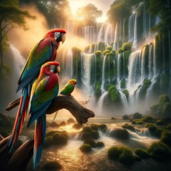 Parrots at waterfall