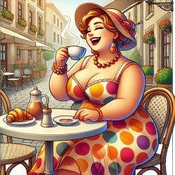 Fat lady drinking coffee